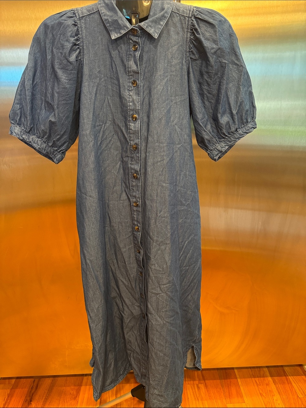 Ann Taylor Denim Button-Front Puff Sleeve Dress - Blue